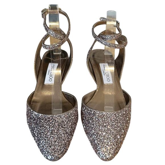 Jimmy Choo Vicky Coarse Glitter Rose Gold Ankle Wrap Ballet Pumps 38.5 - Picture 3 of 10